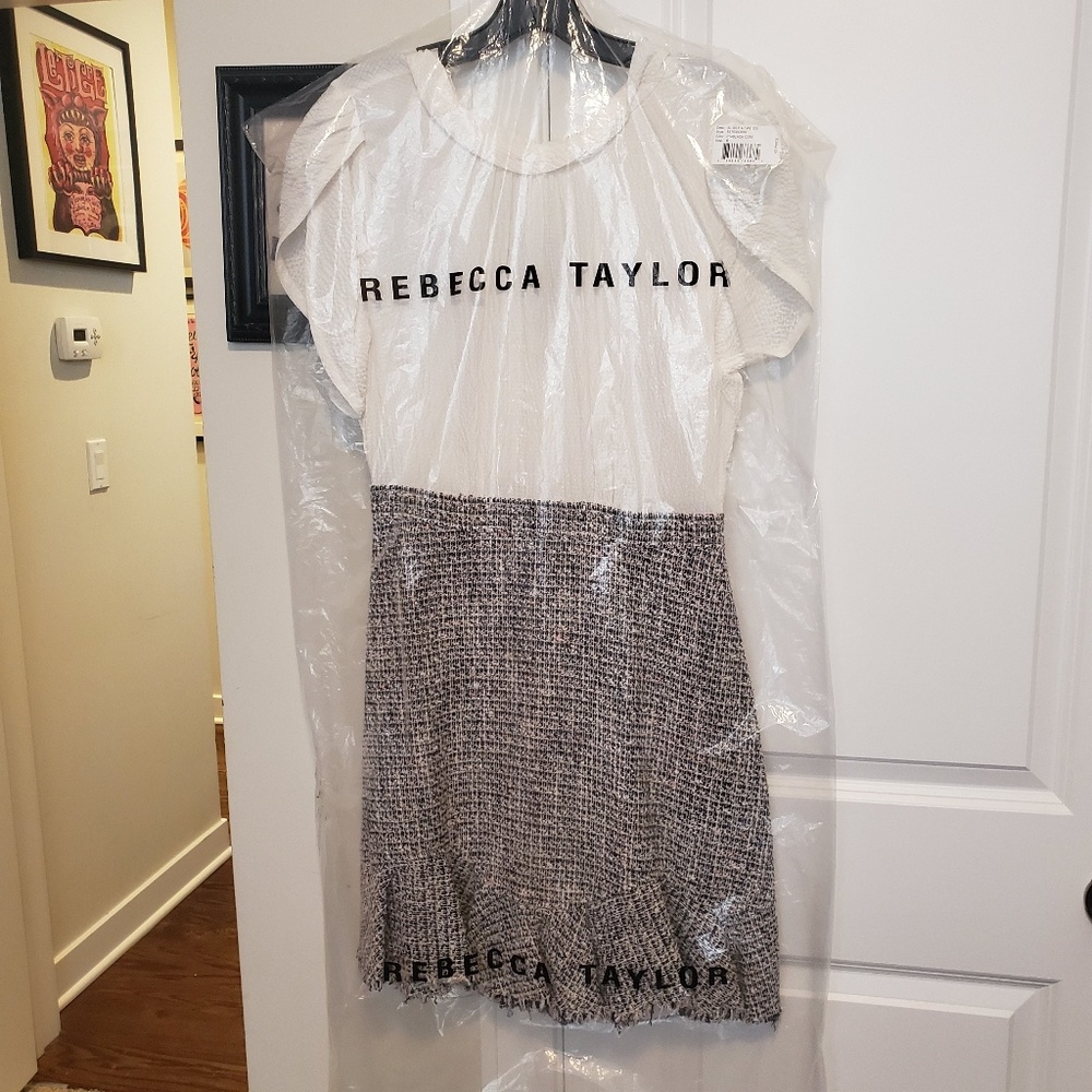 PETAL SLEEVE SILK & TWEED DRESS